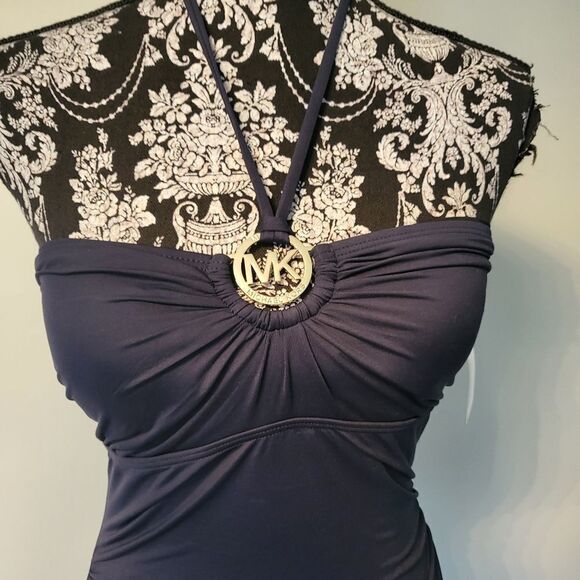 Michael Kors Shirred Halter Bandini Swim Top and bottom Navy Small New - Picture 3 of 7